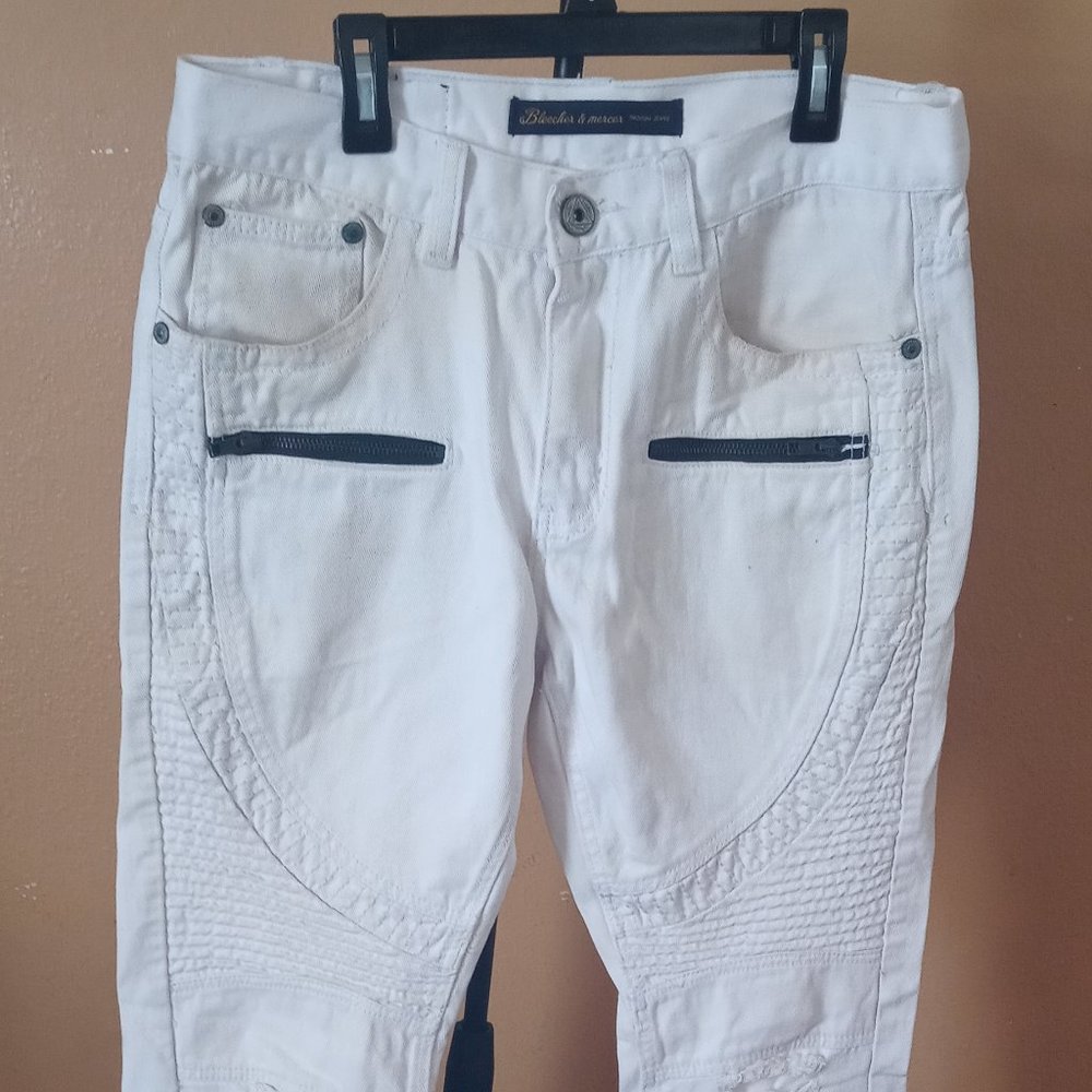 Bleecker & Mercer Premium Denim Men's Distressed Ripped Up Jeans White.